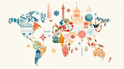 World map with colorful cultural landmarks and iconic architecture elements