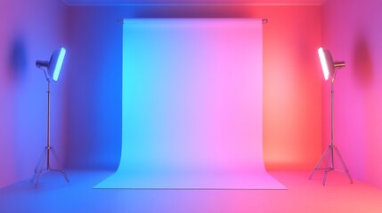 A brightly lit photography studio with a backdrop and lighting setup.