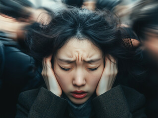 A woman covers her ears in a bustling crowd, showing signs of stress and anxiety