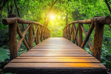 Obraz premium Wooden bridge leads through lush greenery, illuminated by gentle