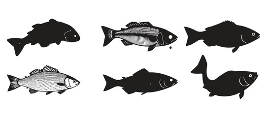 black and white fish, fish silhouette vector