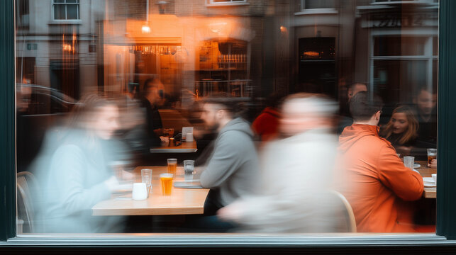 Crowded cafe filled with patrons dining and socializing during the evening hours