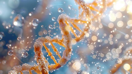 Majestic red DNA double helix spiral with sparkling light bokeh and bubbles, set against a beautiful blue background