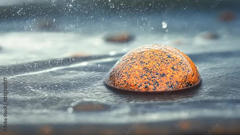Aufkleber droplets creating ripples on a textured surface with a prominent stone in a natural setting during a