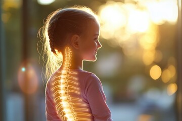 Pediatric Patient with Scoliosis Marked by Soft Overlay of Curvature in a Clinical Setting, Showcasing Back Profile in Gentle Lighting for Medical Illustration