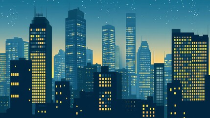 A stylized city skyline at dusk with illuminated windows and a starry sky.