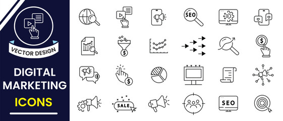 Digital marketing line icon vector set. Set of Digital marketing icon. Marketing line icons design for web, logo and mobile app. Collection of marketing symbol, Vector illustration.	