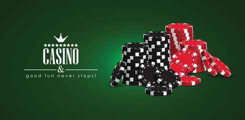 Casino advertising design with a set of red and black playing chips on a green background. High detailed realistic illustration.
