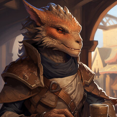 Portrait of a orange female dragonborn from a fantasy world.