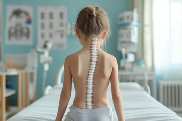 Pediatric Patient with Scoliosis Curvature Displayed on Back in Clinical Setting with Soft Lighting and Medical Background Elements for Health Awareness