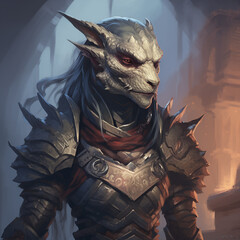 Portrait of a pale female dragonborn from a fantasy world.