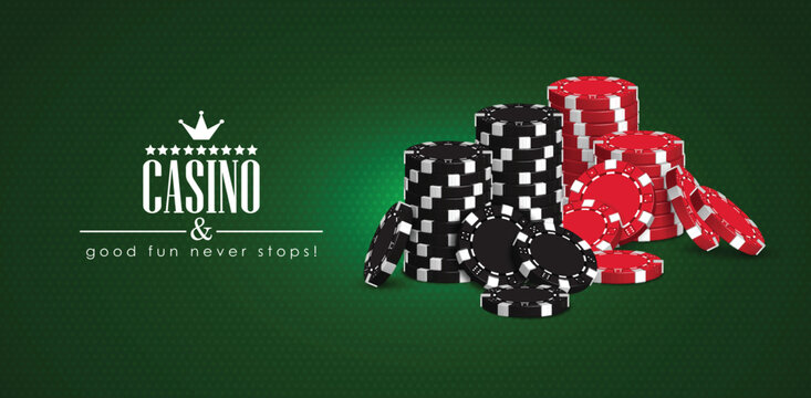 Casino advertising design with a set of red and black playing chips on a green background. High detailed realistic illustration.