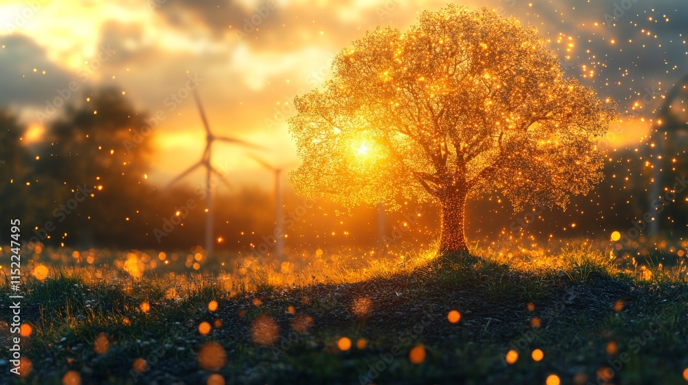 Poster a majestic tree stands in a field as the sun sets behind it, casting a warm golden glow. wind turbin