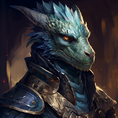 Portrait of a blue male dragonborn from a fantasy world.