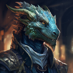 Portrait of a blue male dragonborn from a fantasy world.