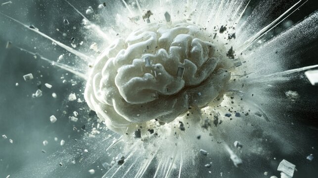 Exploding brain; conceptual image of mental overload, stress, or breakdown.