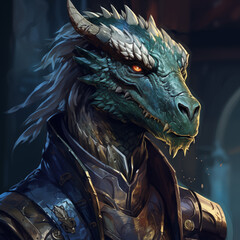 Portrait of a blue male dragonborn from a fantasy world.