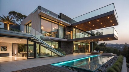 Obraz premium A luxurious contemporary home with large expanses of glass, a minimalist design, and a seamless indoor-outdoor flow. 