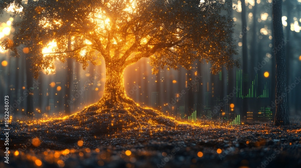Poster a grand tree stands at the center of a tranquil forest, illuminated by a warm golden glow as sunligh