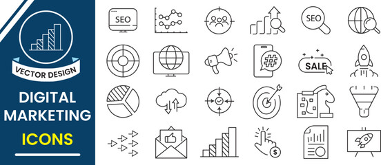 Digital marketing line icon vector set. Set of Digital marketing icon. Marketing icons design for web, logo and mobile app. Collection of marketing symbol, Vector illustration.	