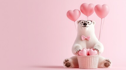 Cute polar bear with glasses holding heart-shaped balloons in a pastel setting
