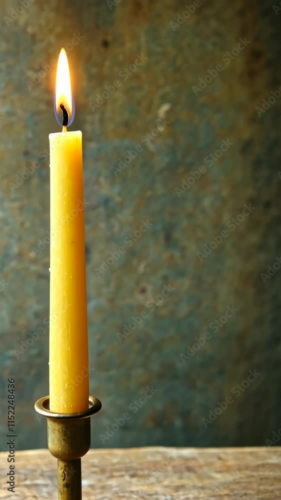 Poster elegant yellow candle burns softly against a rustic backdrop, creating a warm and inviting atmospher