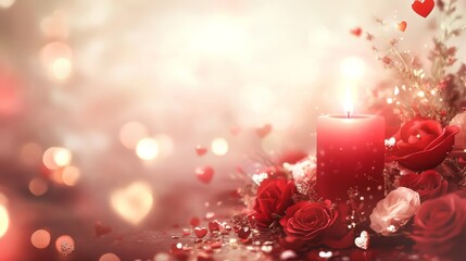 Romantic candlelight setting with red roses and heart decorations for a special occasion