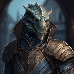 Portrait of a blue male dragonborn from a fantasy world.