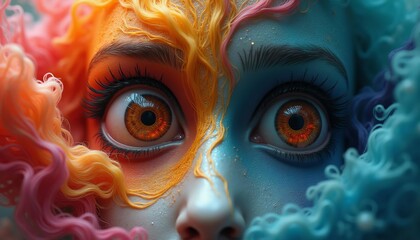 A surreal, abstract image with bold colors featuring large, expressive eyes amid swirling patterns in colors, evoking a dreamlike atmosphere 