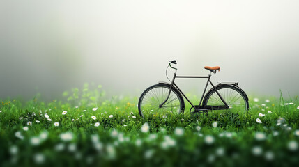 Naklejka premium A vintage bicycle stands alone in a lush green field, surrounded by white flowers, creating a peaceful atmosphere in the early morning light.
