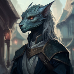 Portrait of a blue female dragonborn from a fantasy world.