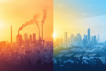Fototapeta premium Split View of a City Divided by Pollution and Clean Energy: One Side Filled with Smog and Factories, the Other with Green Parks and Solar Panels