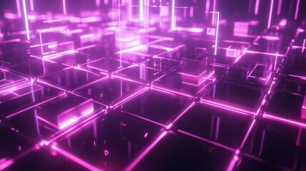 Abstract purple neon grid with glowing lines and reflective cubes.