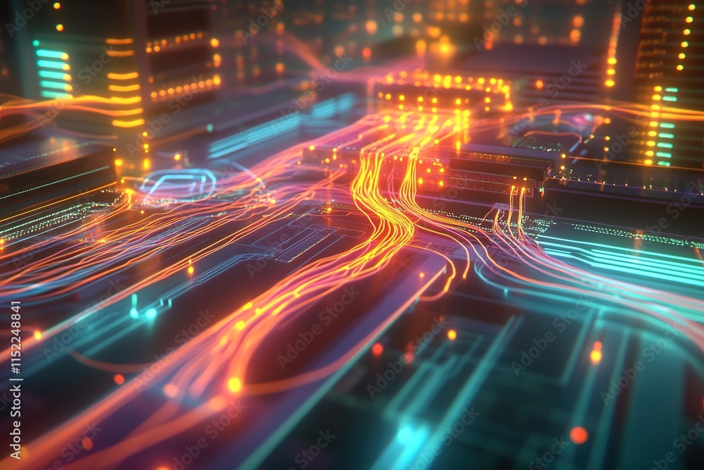 Poster futuristic server setup with glowing connections visualized as abstract light trails
