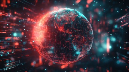 Obraz premium Digital Earth glowing red and blue with data streams.