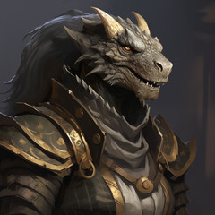 Portrait of a grey female dragonborn wizard from a fantasy world.