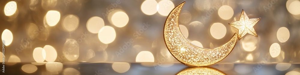 Poster glowing crescent moon and star ornament displayed on reflective surface with soft bokeh in backgroun