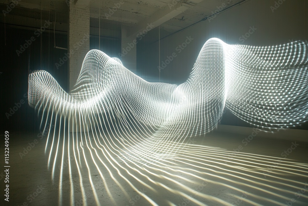 Poster glowing dynamic grid of hairstyling patterns projected mid-air with subtle light trails forming eleg