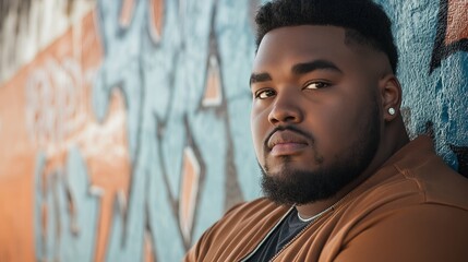Obraz premium African american man in brown jacket posing confidently against graffiti wall