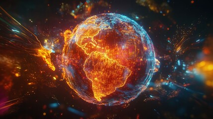 Obraz premium Fiery energy globe with glowing continents and particles.