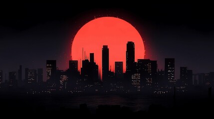 Naklejka premium Red sun sets over dark city skyline.