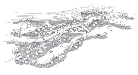 Obraz premium Architectural Drawings, Minimal style cad tree line drawing, Side view, set of section mountain forest outline symbol for landscape design drawing. Vector illustration in stroke fill in white. 