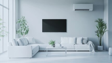 Modern living room with white sectional sofa, coffee table, and floor. There is a flat screen TV on the wall above the sofa, and an air conditioner unit.