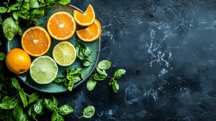 Fresh citrus slices with green leaves on slate background