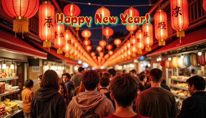 Naklejka premium Chinese New Year card with a crowded market and lanterns