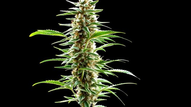Cannabis plant with vibrant green leaves and dense buds displayed against a black backdrop
