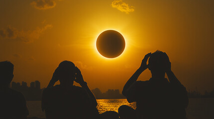 Individuals are enjoying the breathtaking view of a solar eclipse as the sun sets over the water, silhouetting a city skyline against a vibrant sky.