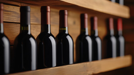 Drink Wine Day concept. rustic cellar with wine bottles on wooden shelves creates warm atmosphere