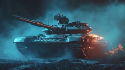 Powerful military tank in dark, smoky environment, illuminated by blue and orange light.