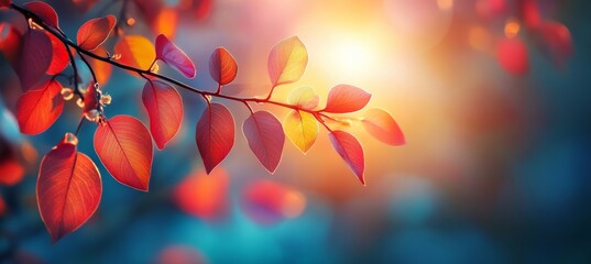 Red Autumn Leaves on a Branch, Illuminated by Golden, Magical Backlit Light, Nature Background